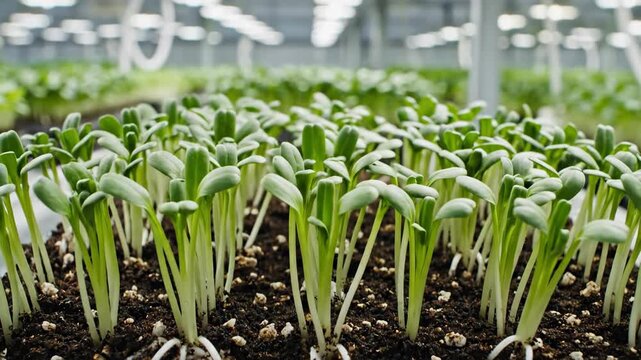 Time-lapse of microgreen seeds germinating and growing. Seedlings with roots sprouting from soil in a vertical farm. Modern agriculture and new life concept
