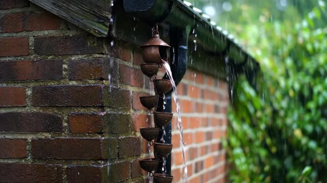 Water flowing down a copper rain chain during a heavy downpour. Rainwater from a gutter cascading on a brick house exterior. Alternative home drainage system