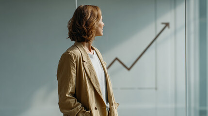 Visionary Businesswoman Contemplating Growth: A thoughtful businesswoman gazes out a window at a rising graph, a symbol of potential and strategic planning.