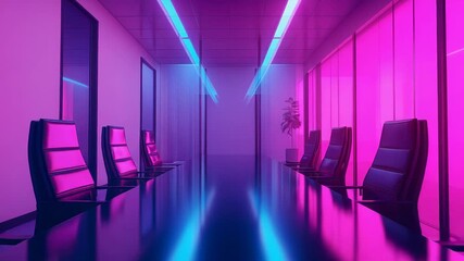 Futuristic empty boardroom with vibrant neon lighting
