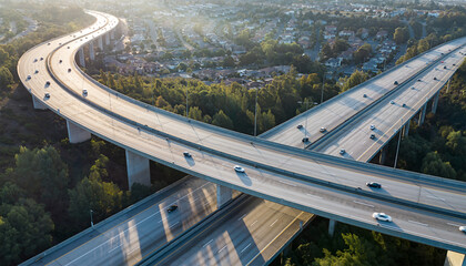 Aerial view of elevated highway interchange with curved roads and vehicles in suburban area