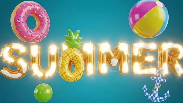 Golden 3d letters spelling summer with pineapple, donut, beach ball, anchor, and green ball on blue background