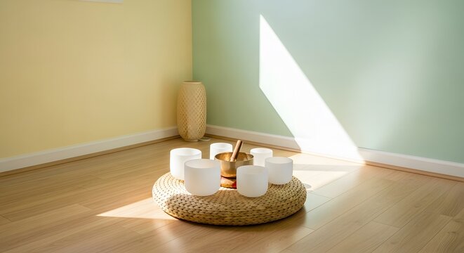 Singing Bowl Arrangement with Quartz Crystal Bowls for Meditatio