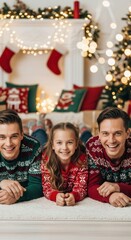 Family wearing christmas sweaters lying on a rug near a decorated fireplace. Holiday spirit.