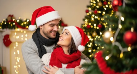 Loving couple in santa hats embrace near christmas tree and fireplace at home.