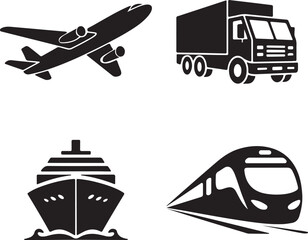 Transportation icons silhouette set truck train ship airplane vector illustration
