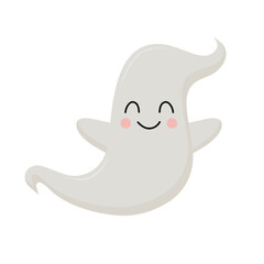 A cute, friendly white ghost character with rosy cheeks, smiling and waving