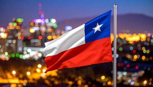 Chilean flag with city lights at night, symbolizing national pride and urban vibrance.