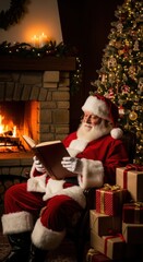 Santa claus reading a book by the fireplace near a christmas tree and gifts.