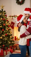 Loving couple in santa hats hugging near christmas tree. Festive and cozy mood.