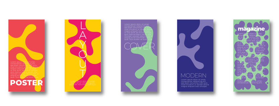 A vibrant collection of abstract poster designs featuring bold colors and organic shapes. Each poster showcases unique layouts suitable for courses, magazines, banners, advertisements, and labels.