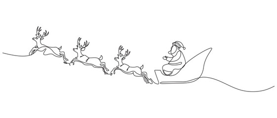 Continuous one line art drawing Christmas Santa clause and reindeer,1