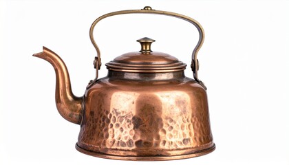 Polished copper teapot with ornate brass handle and decorative lid on white background showcasing vintage kitchenware and artisanal craftsmanship