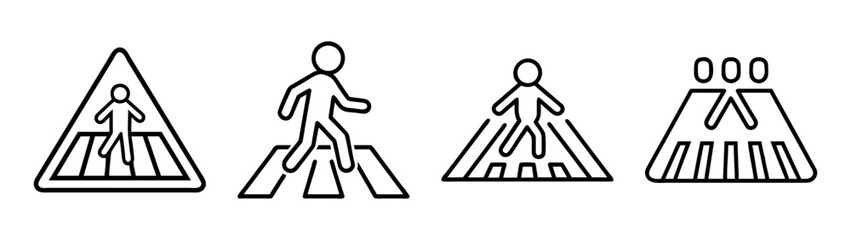 Pedestrian crosswalk road safety signs outline vector icon set