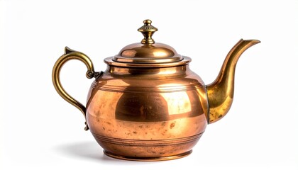Polished copper teapot with ornate brass handle and decorative lid on white background showcasing vintage kitchenware and artisanal craftsmanship
