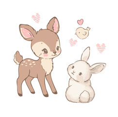 Hand Drawn Cute Deer and Bunny Vector Kids Print 