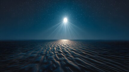 Stunning celestial light beams illuminate vast ocean surface under starry night sky creating a magical serene atmosphere