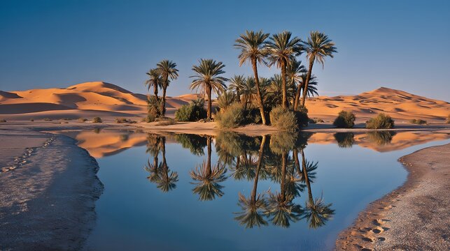 Tranquil desert oasis with vibrant palm trees reflecting in calm water under a clear blue sky, evoking serenity and natural beauty.