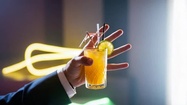 Presenting alcoholic beverage for bar, featuring bartender serving vibrant cocktail. Bartender makes cocktail in a luxurious setting, offering complex mix of flavors.