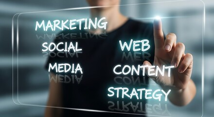 Professional touching a futuristic interface displaying key digital marketing terms for business growth and strategy planning