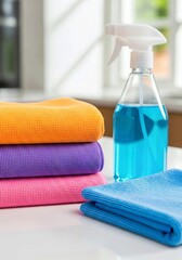 towels and soap, Colorful Microfiber Cleaning Cloths and Blue Spray Bottle for Home Cleaning