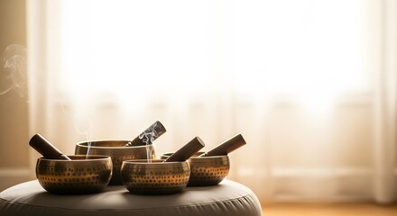 Singing Bowls with Mallets on Padded Surface for Meditation and