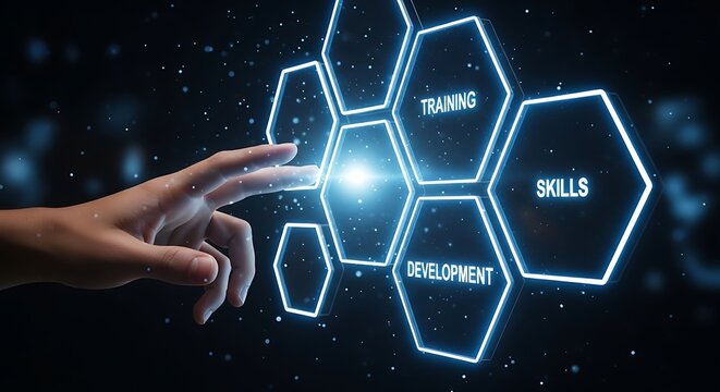 Interactive learning interface for training and skills development with a modern digital glow, perfect for corporate education and technology platforms