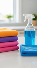towels and soap, Colorful Microfiber Cleaning Cloths and Blue Spray Bottle for Home Cleaning