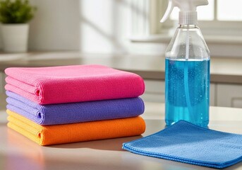 towels and soap, Colorful Microfiber Cleaning Cloths and Blue Spray Bottle for Home Cleaning