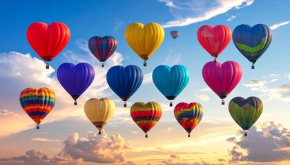Obraz premium Heart-shaped hot air balloons floating at sunrise with colorful patterns and scenic sky backdrop showcasing whimsical celebration and aerial beauty