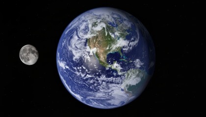 Earth and Moon in Vast Dark Space with Visible North America