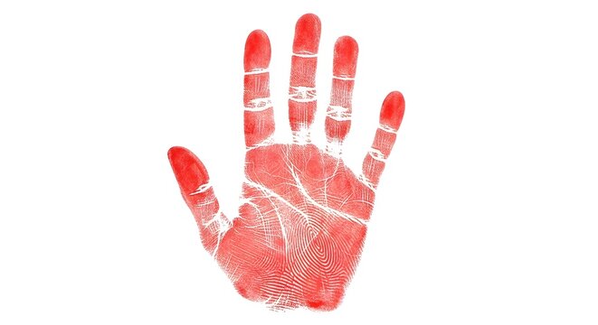 Abstract Red Handprint Symbolizing Human Identity and Expression, Artistic Concept of Bleeding Hand Paint Mark on White Background for Creativity, Individuality, and Biometrics Concept.