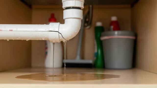 Leaking pipe under a sink dripping water onto a cabinet floor. Close-up of a cracked PVC drain causing water damage. Household plumbing problem and home repair concept