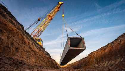 Yellow crawler crane lifting large concrete drainage pipe over deep excavation trench