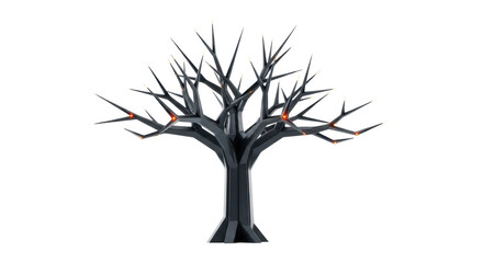 Dark matte charcoal grey steel sculptural tree, geometric trunk, angular branches, bright orange LEDs, isolated on transparent background, negative space. Concept of artificial intelligence and modern