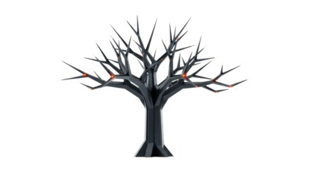 Dark matte charcoal grey steel sculptural tree, geometric trunk, angular branches, bright orange LEDs, isolated on transparent background, negative space. Concept of artificial intelligence and modern