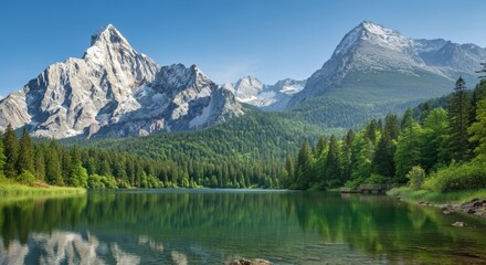 Majestic Alpine Lake with Snow capped Mountains and Green Forests
