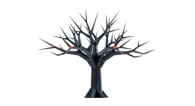 Dark matte charcoal grey steel sculptural tree, geometric trunk, angular branches, bright orange LEDs, isolated on transparent background, negative space. Concept of artificial intelligence and modern