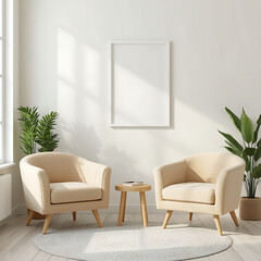 Cozy minimalistic living room featuring armchairs and an empty frame.
