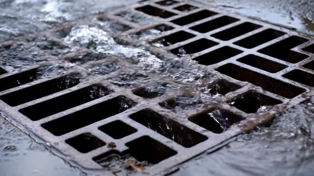 Close-up of rainwater runoff flowing into a metal storm drain grate. Water gushing down a city street sewer during a storm. Urban drainage system in action