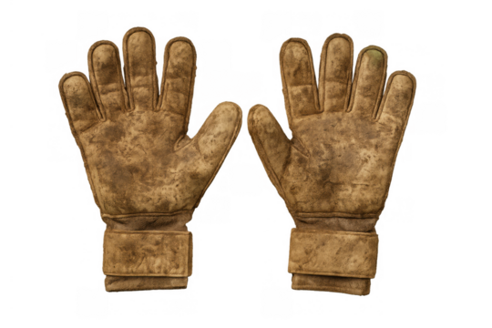 Worn leather work gloves on transparent background showing dirt and aging, representing hard work and protection concept - Powered by Adobe