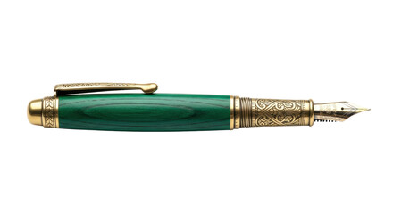 Ornate, antique fountain pen with emerald green lacquered wood barrel, engraved brass cap, gold nib, on transparent seamless background, close-up studio product photo of scholarly excellence