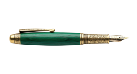 Ornate, antique fountain pen with emerald green lacquered wood barrel, engraved brass cap, gold nib, on transparent seamless background, close-up studio product photo of scholarly excellence