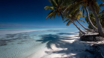 Serene tropical paradise unfolds with crystal clear turquoise waters, white sand beach, and lush palm trees casting cool shadows under a vibrant blue sky.