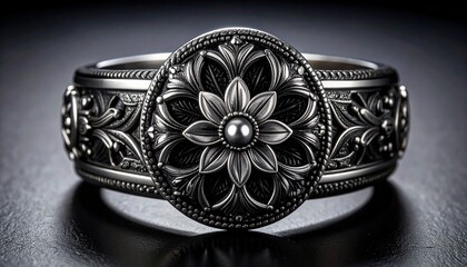 Silver ring with floral motif and ornate vine detailing showcasing vintage craftsmanship and artistic elegance
