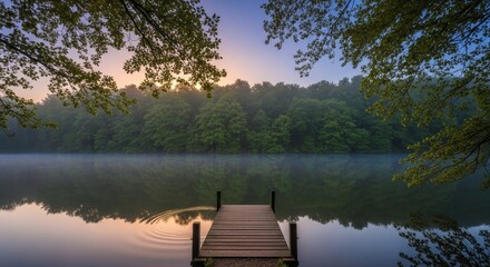 Tranquil Morning Lake View with Wooden Dock and Forest Reflection