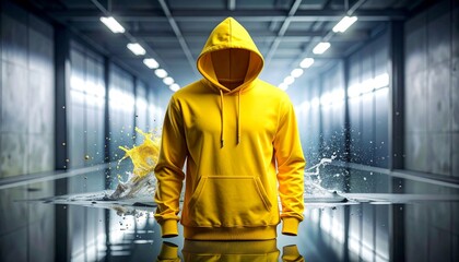 Floating yellow hoodie in snowy mountain landscape with reflective surface and surreal sunrise lighting