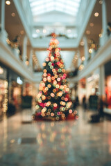 Out of focus Christmas tree adorned with colorful lights in a bright shopping mall, wide angle view capturing festive atmosphere and holiday spirit with shoppers in the background