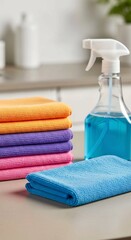 towels and soap, Colorful Microfiber Cleaning Cloths and Blue Spray Bottle for Home Cleaning
