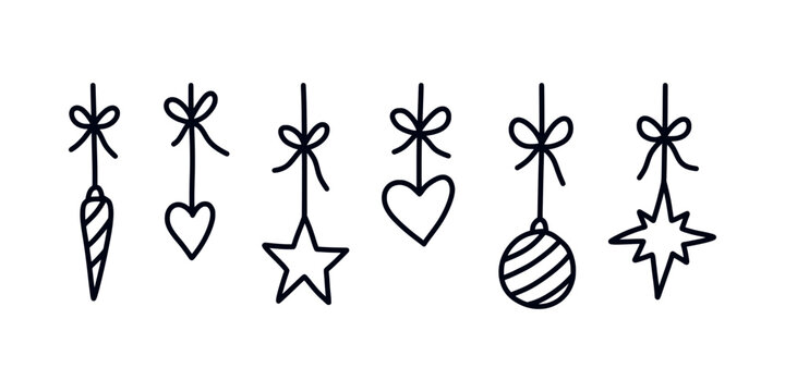 Set of hand drawn Christmas doodles - stars, tree ornaments and hearts hanging from lines with ribbon bow. Simple, cute, whimsical and festive vector elements for holiday decoration.